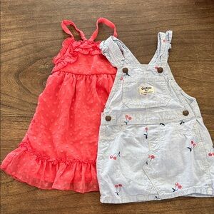 OshKosh B'gosh Coral Dress & Light Denim Cherry Overalls